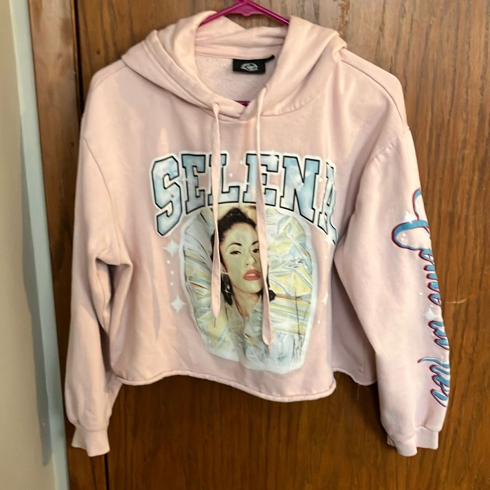Blue and Pink Selena Graphic Cropped Hoodie